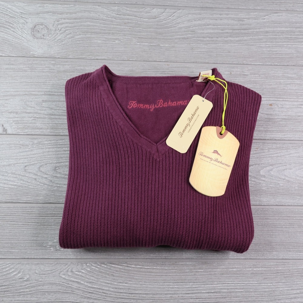 NWT Tommy Bahama Ocean Avenue V-Neck Sweater Men's L Wine Purple Cotton